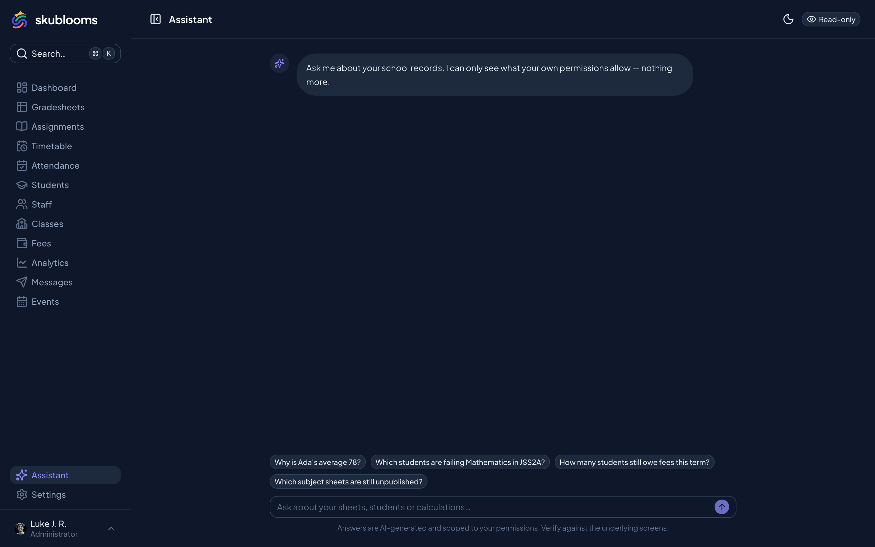 Skublooms AI assistant answering a question about a calculated average