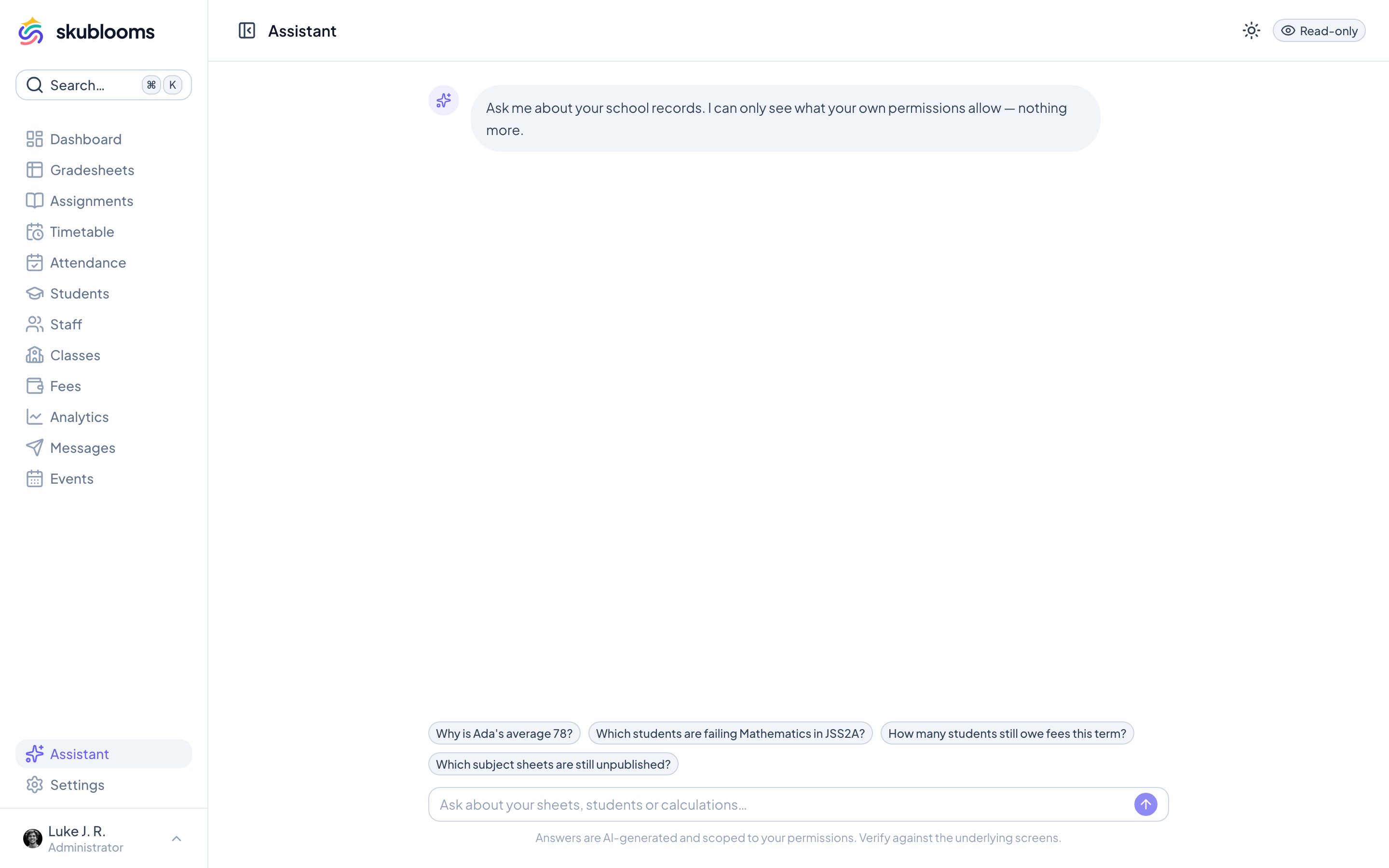 Skublooms AI assistant answering a question about a calculated average
