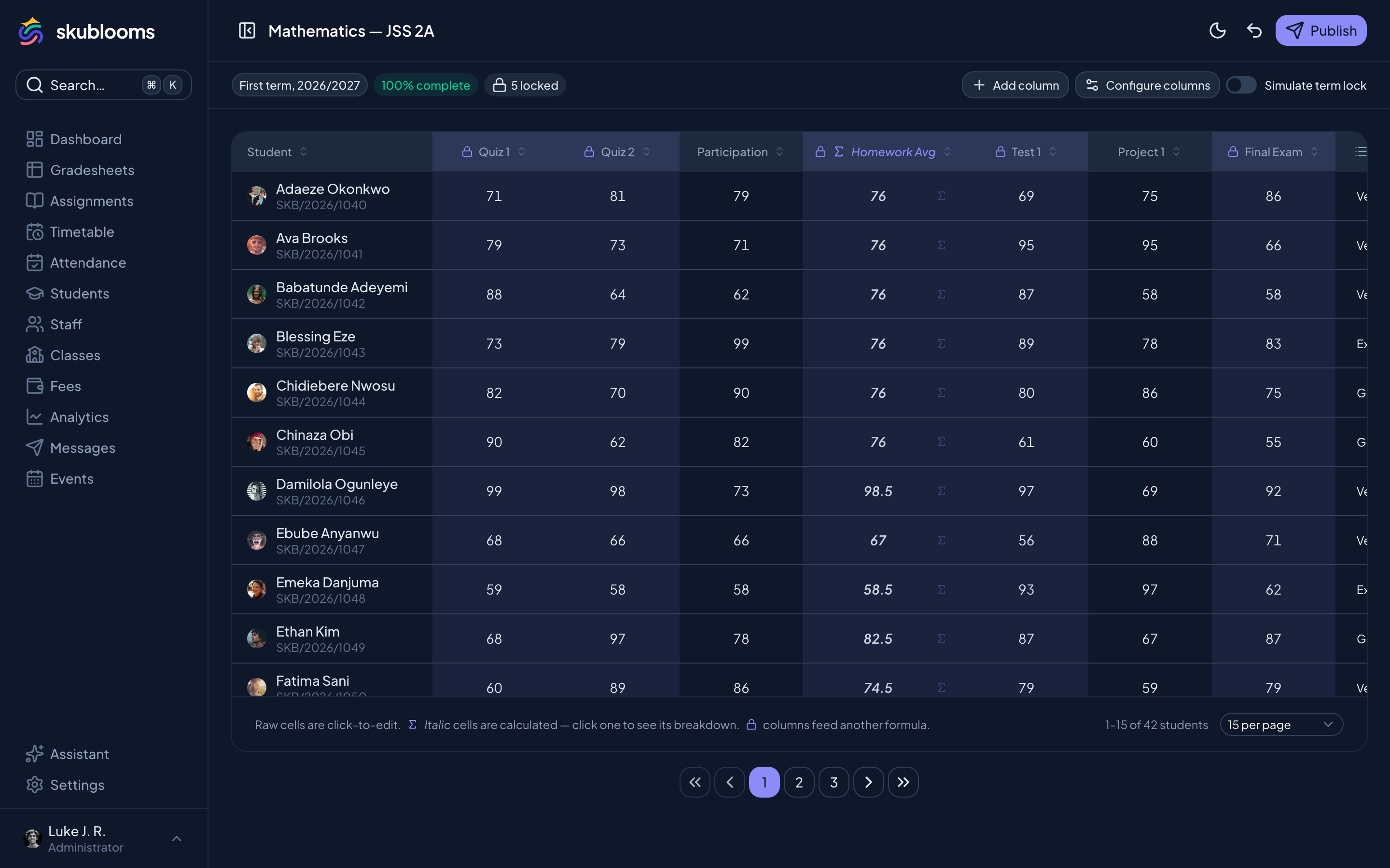 Skublooms gradesheet with calculated columns and locked dependencies