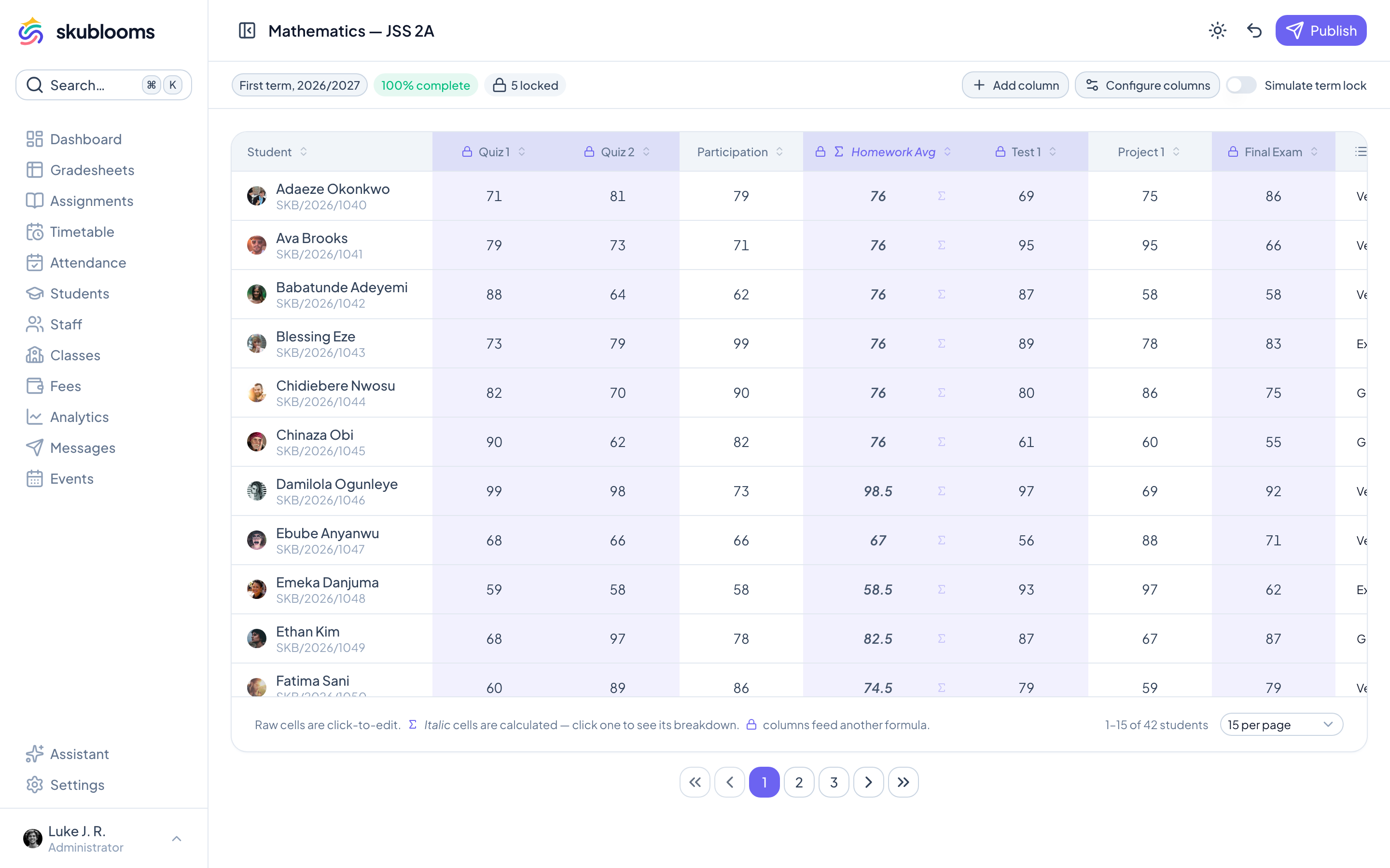 Skublooms gradesheet with calculated columns and locked dependencies