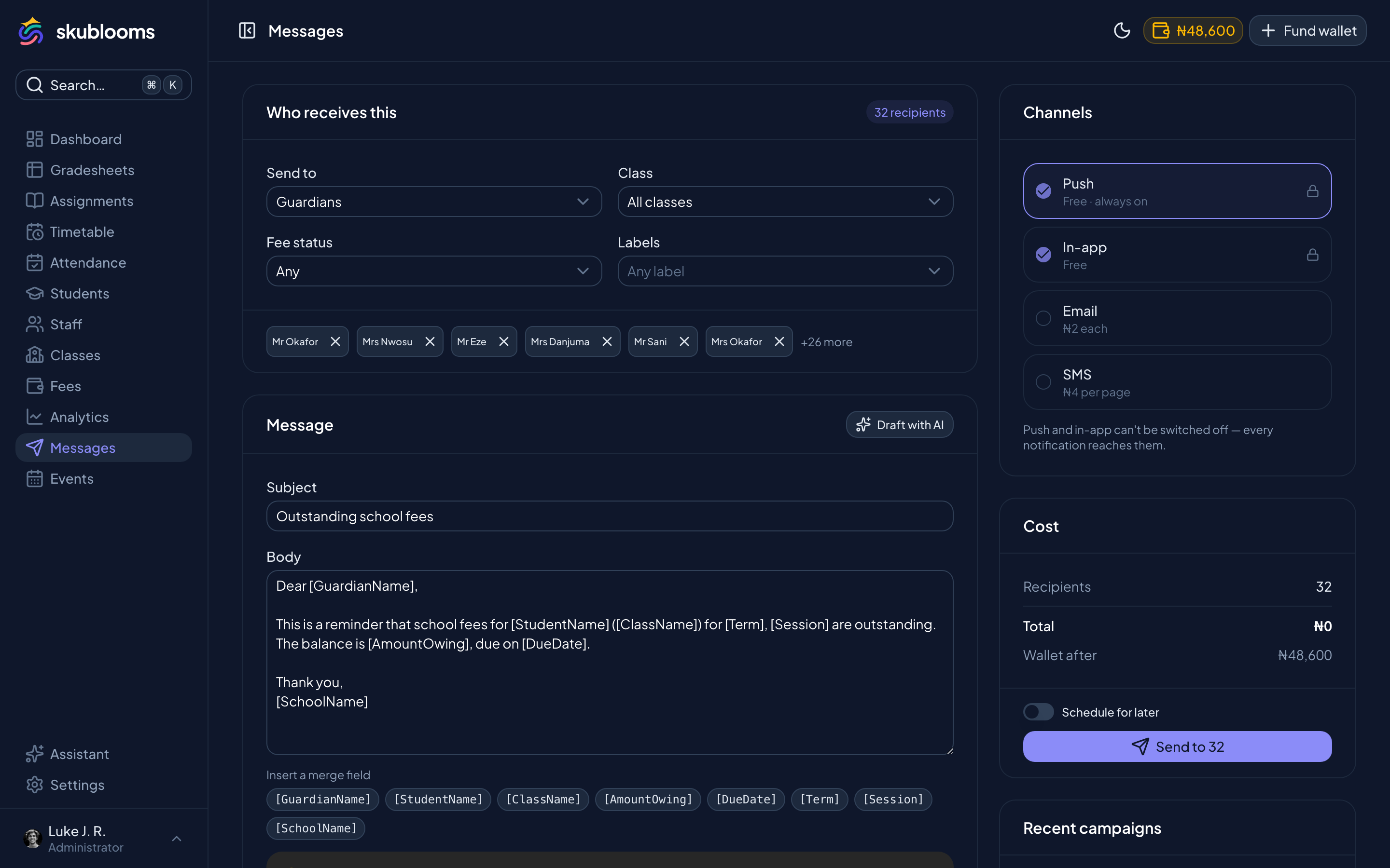 Skublooms message composer with audience filters and cost preview