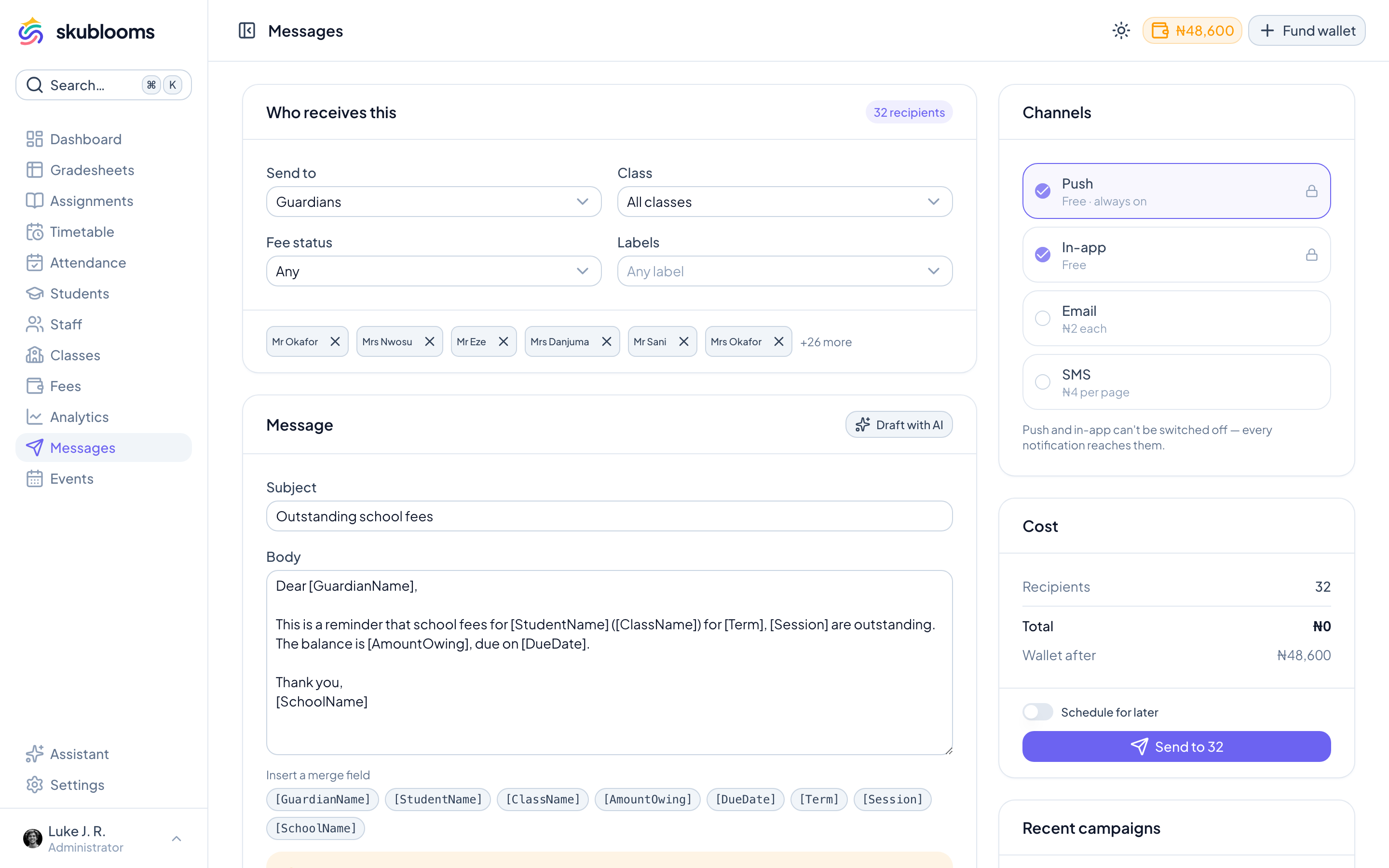 Skublooms message composer with audience filters and cost preview