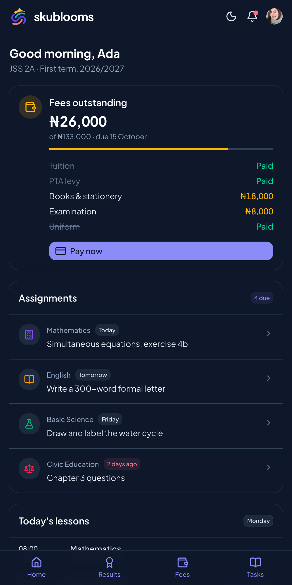 Skublooms student portal on a phone