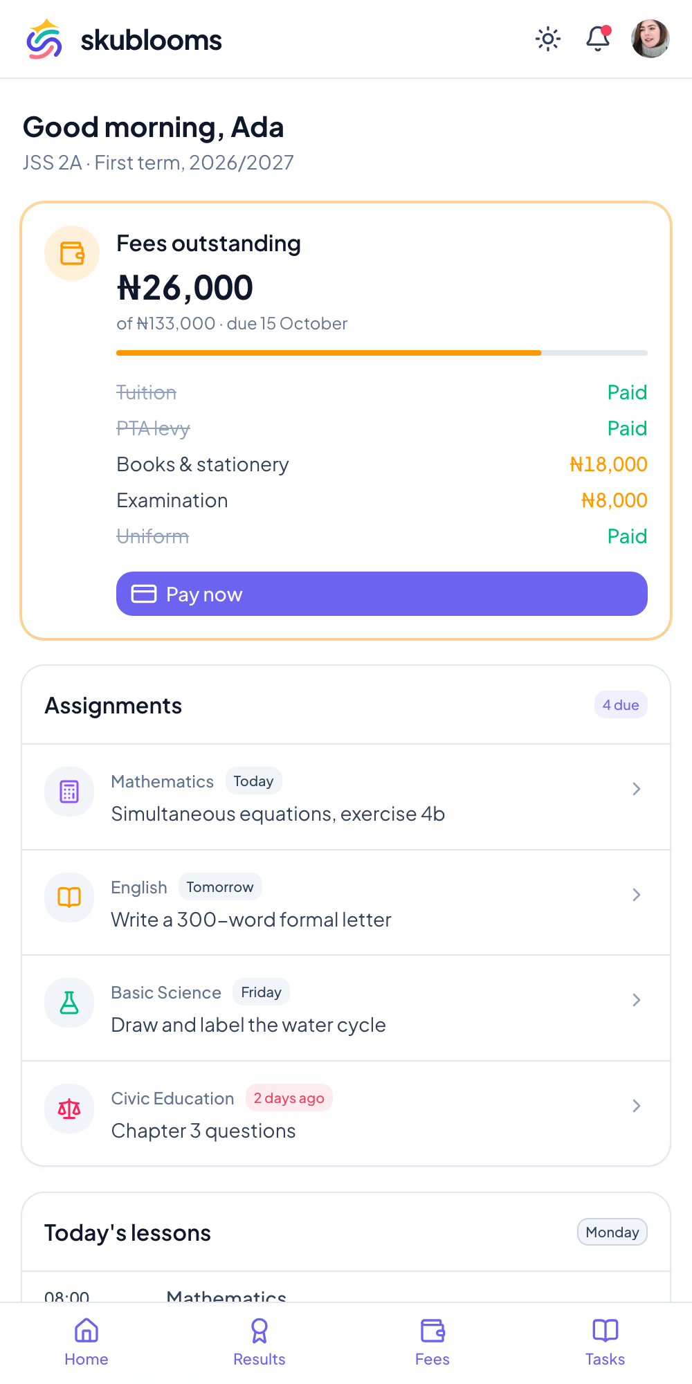 Skublooms student portal on a phone